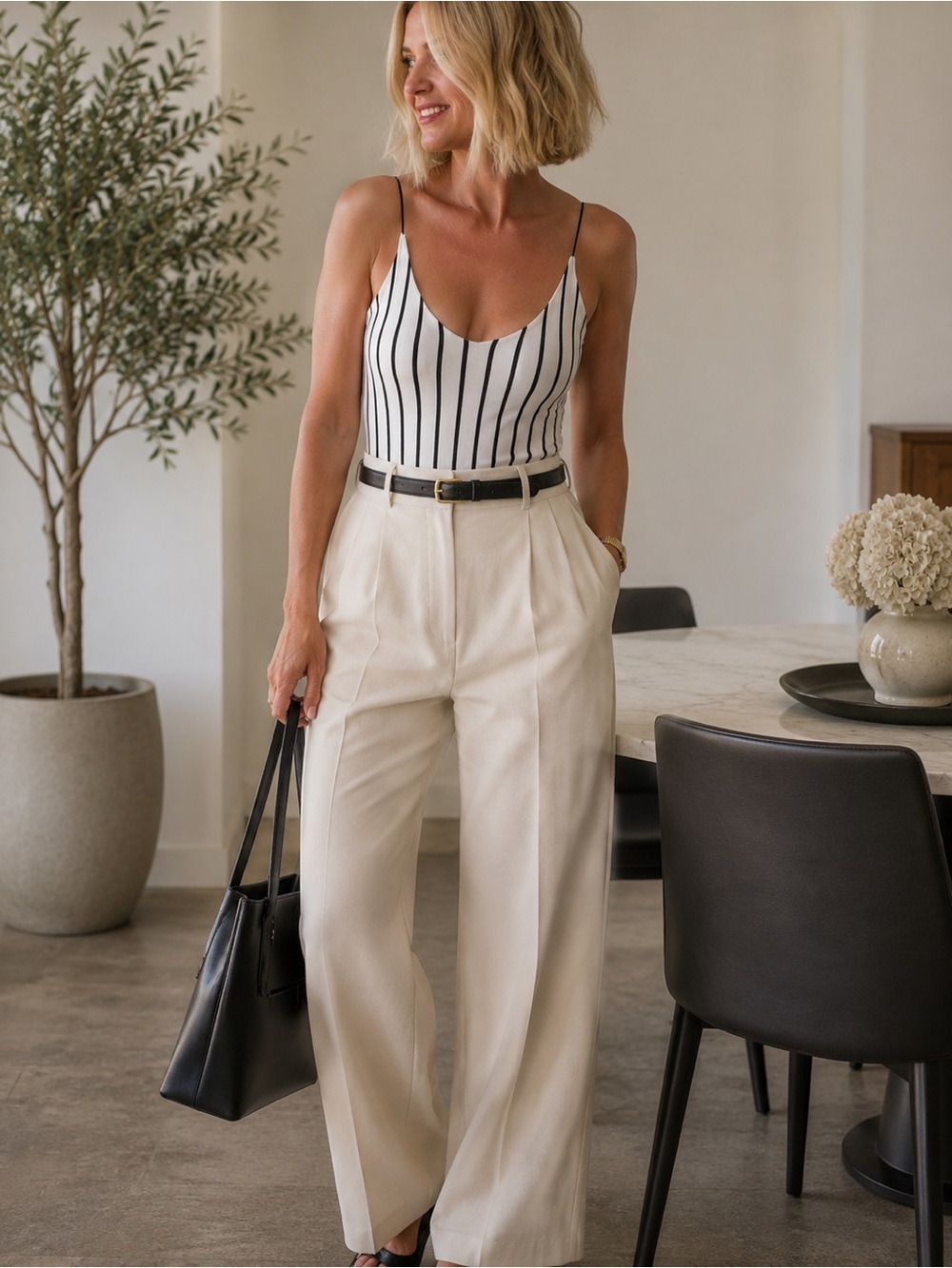 GAZE White and Black Vertical Striped Bodysuit Medium